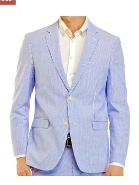 Adolfo Men's Blue Stripe Modern Fit Seersucker Suit Blazer Jacket Size 42R